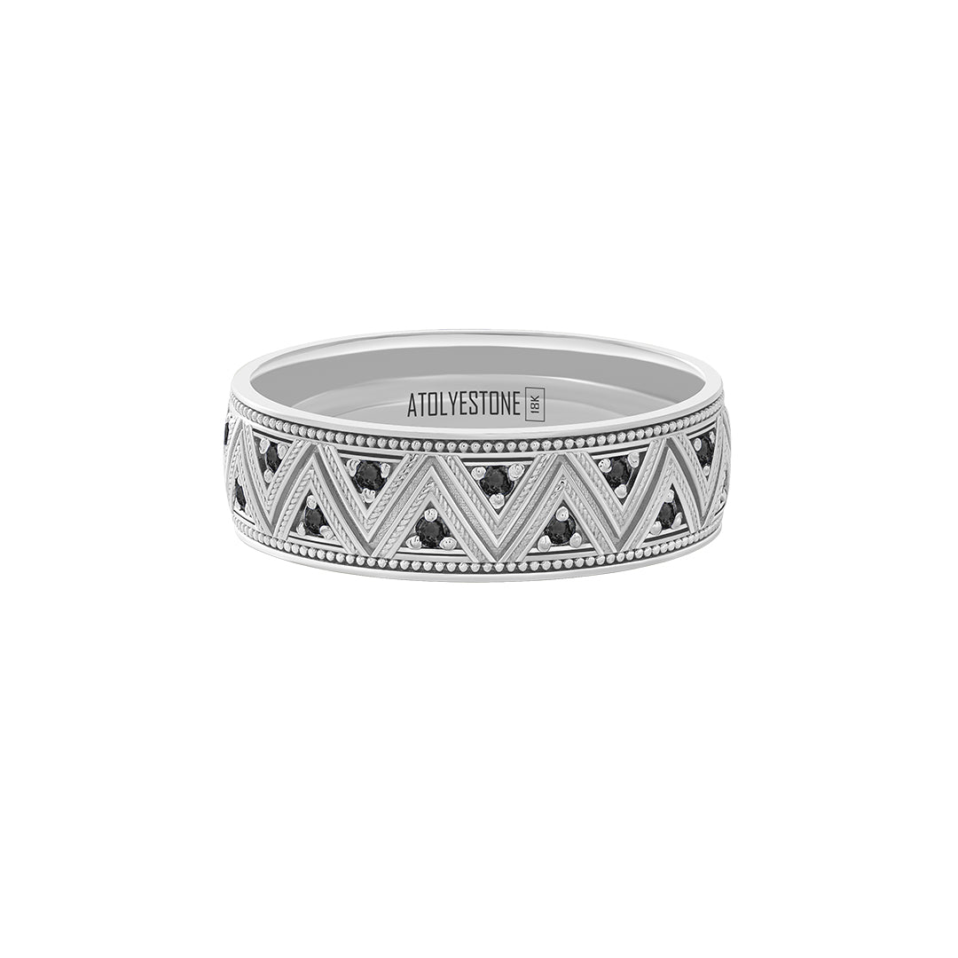 Milgrain Zigzag Ring in Solid White Gold - Pave Black Diamond