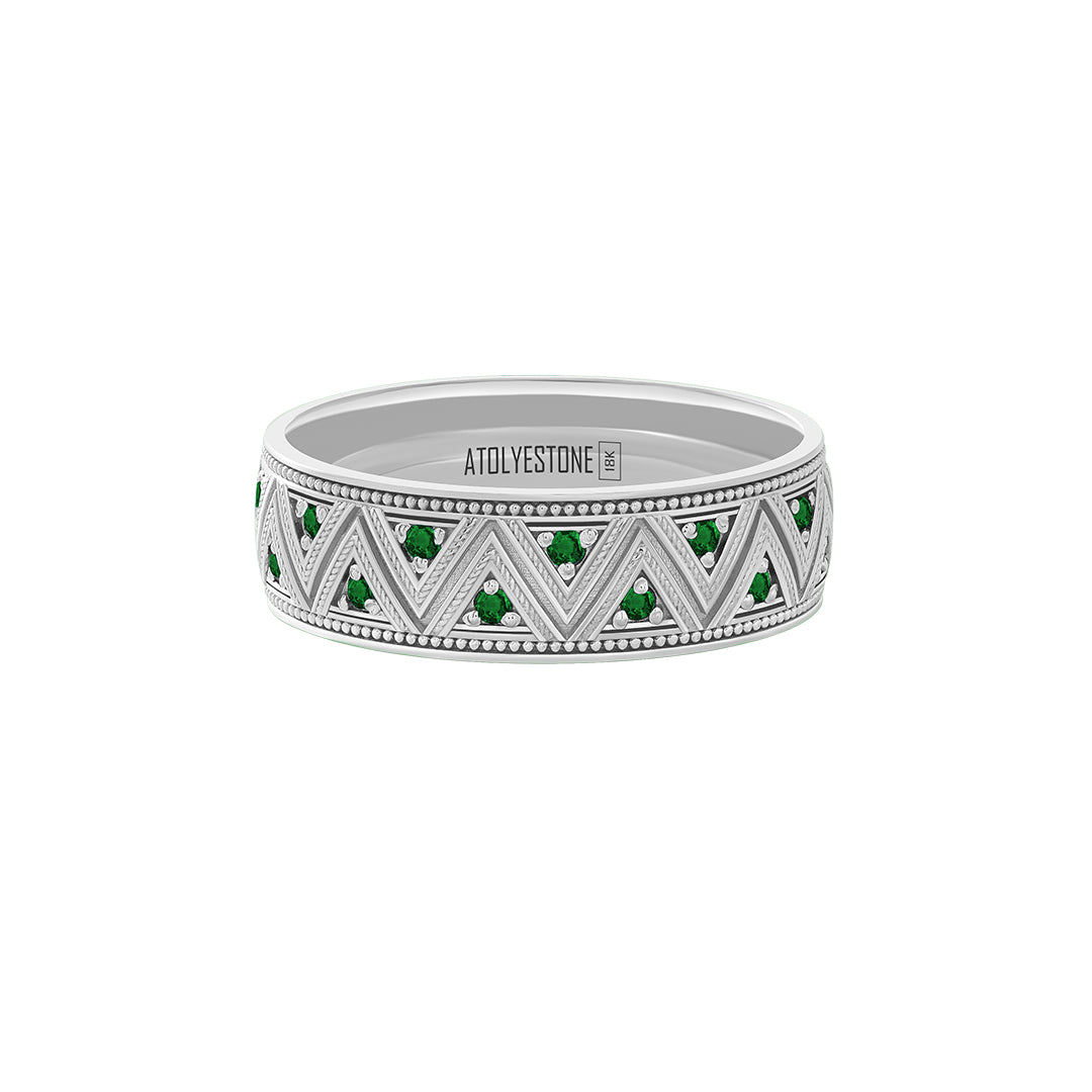Milgrain Zigzag Ring in Solid White Gold - Pave Emerald