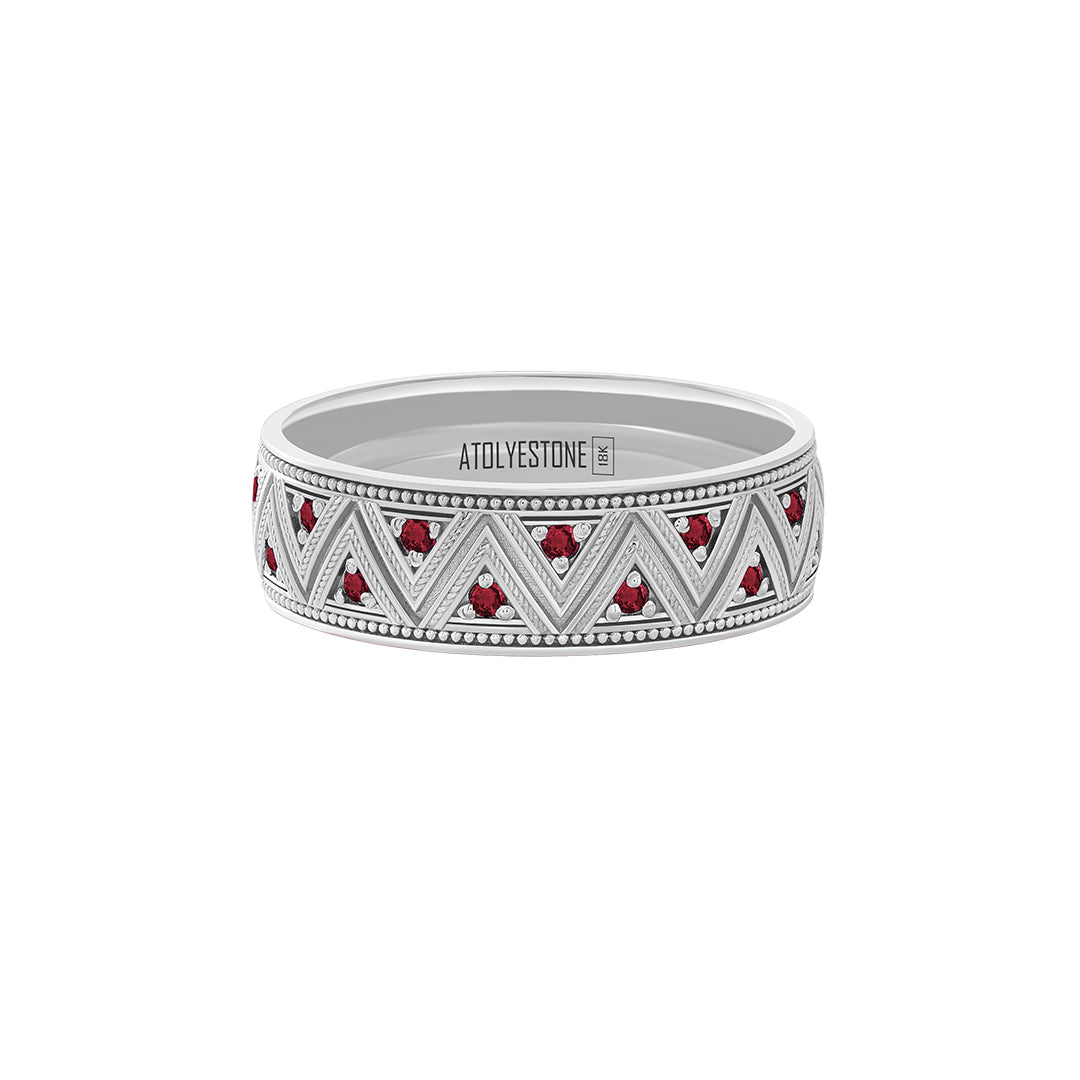 Milgrain Zigzag Ring in Solid White Gold - Pave Ruby