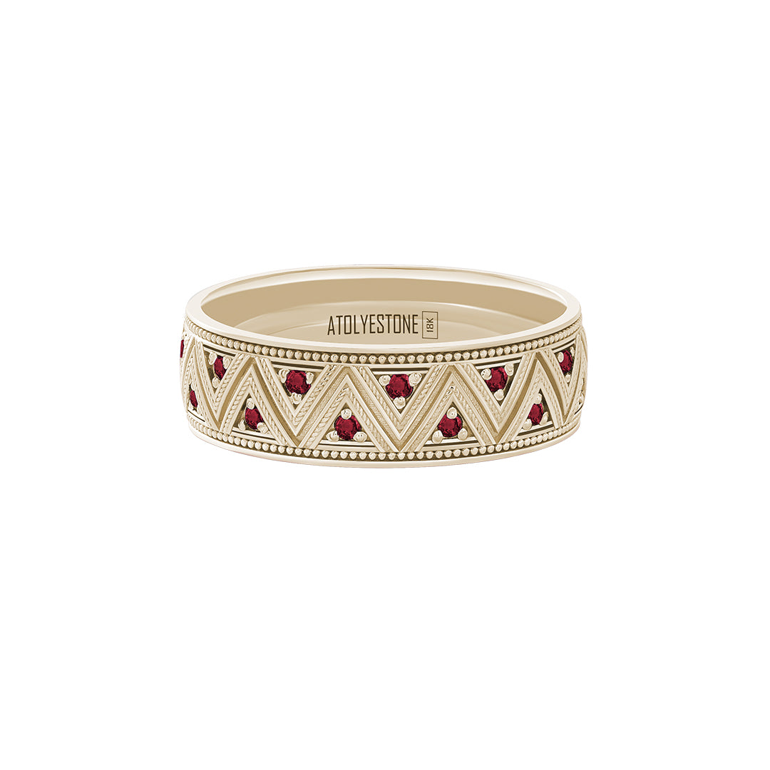 Milgrain Zigzag Ring in Solid Yellow Gold - Pave Ruby