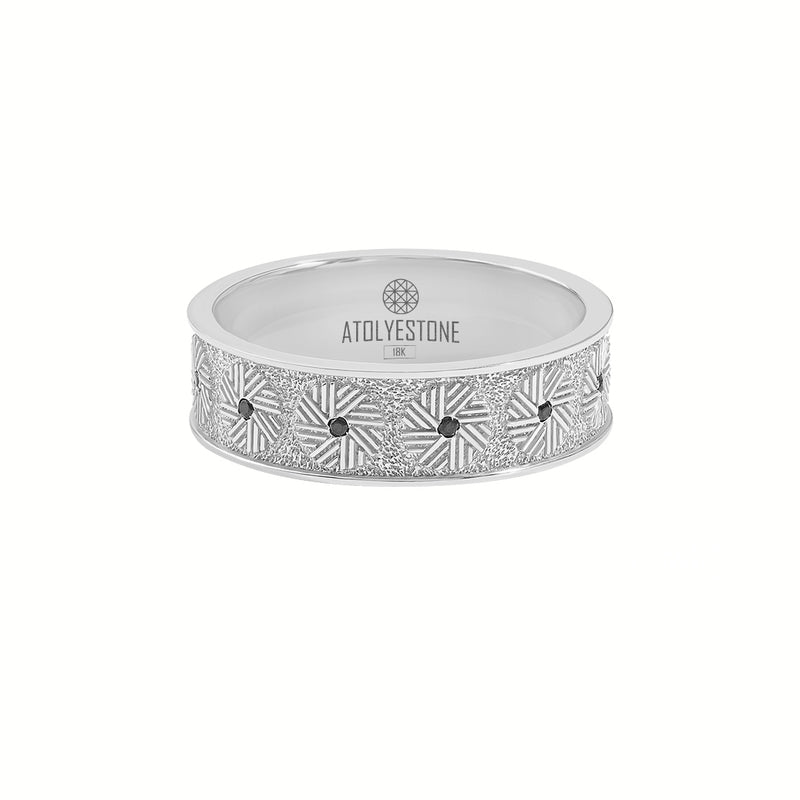 Men's Solid White Gold Millstone-Inspired Black Diamond Wedding Band Ring