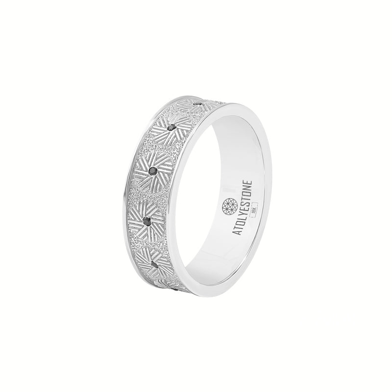 Men's Real White Gold Millstone-Inspired Wedding Band Ring with Black Diamonds