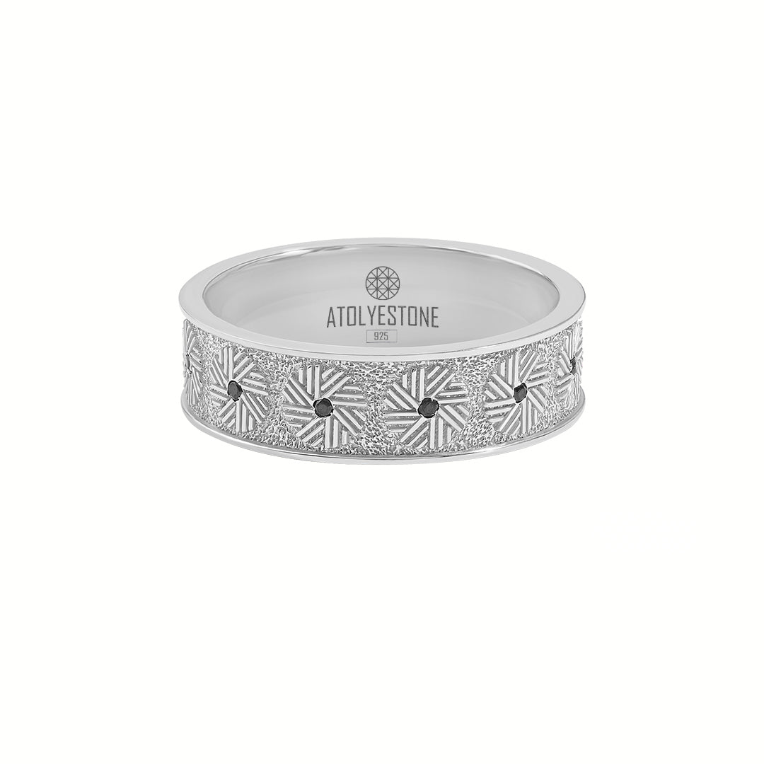 Men's 925 Sterling Silver Millstone-Inspired Black Diamond Band Ring