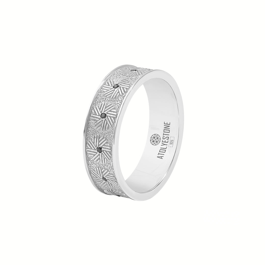 Solid 925 Sterling Silver Millstone-Inspired Black Diamond Wedding Band Ring for Men