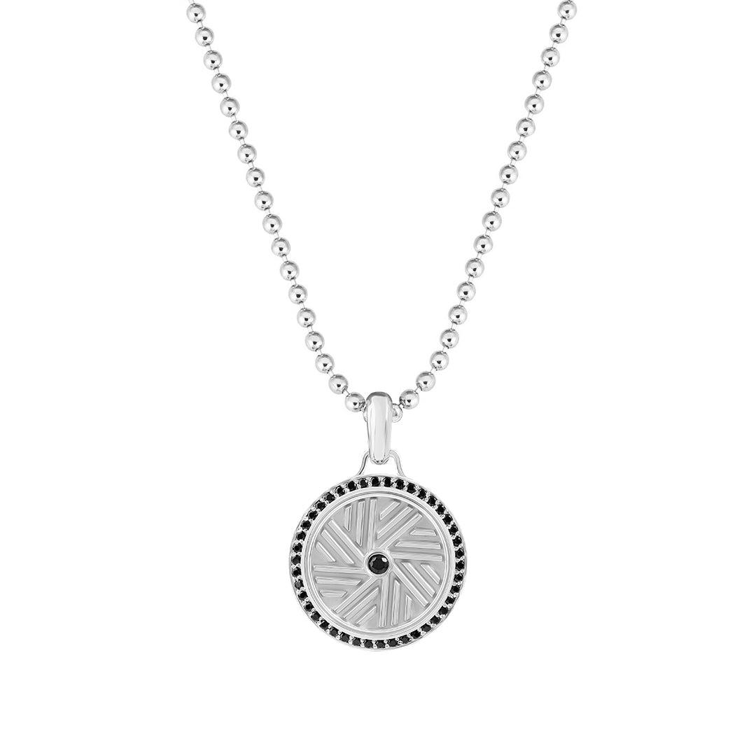 Men's Solid White Gold Millstone Pendant with Black Stones