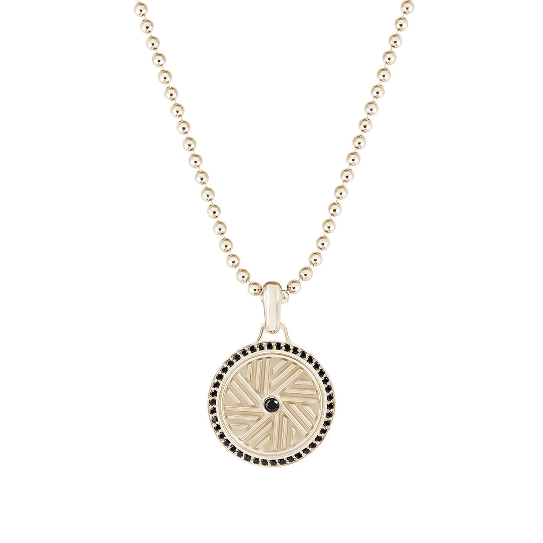 Men's Solid Yellow Gold Millstone Pendant with Black Stones