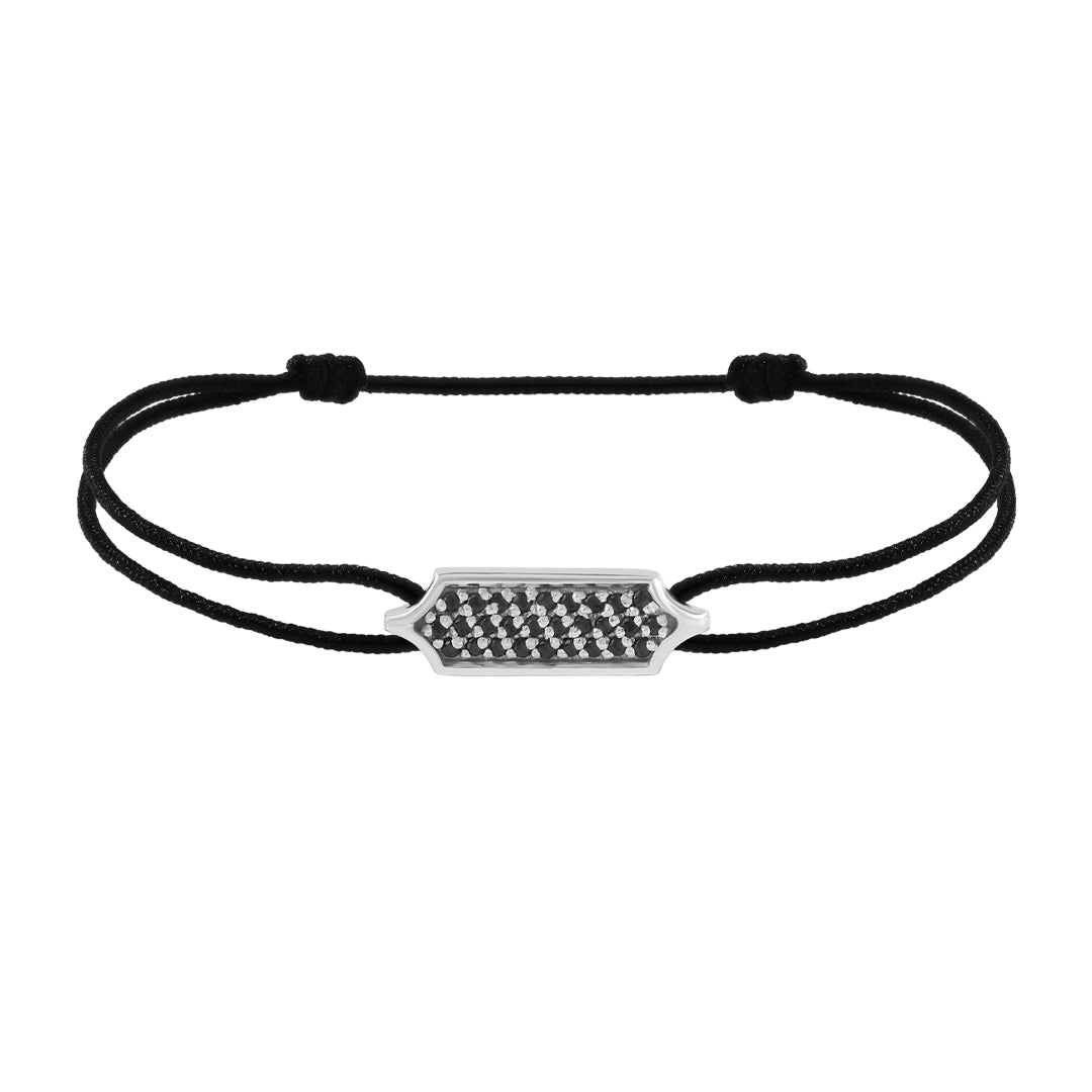 925 Sterling Silver Diamond Pave Tag Black Macrame Bracelet - White Gold 