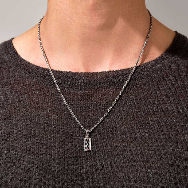 Men's Minimal Black CZ Peved Dog Tag Pendant in Solid White Gold