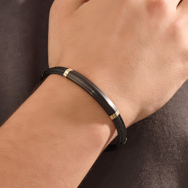 Obsidian Stainless Steel Cable Bracelet in Black for Men