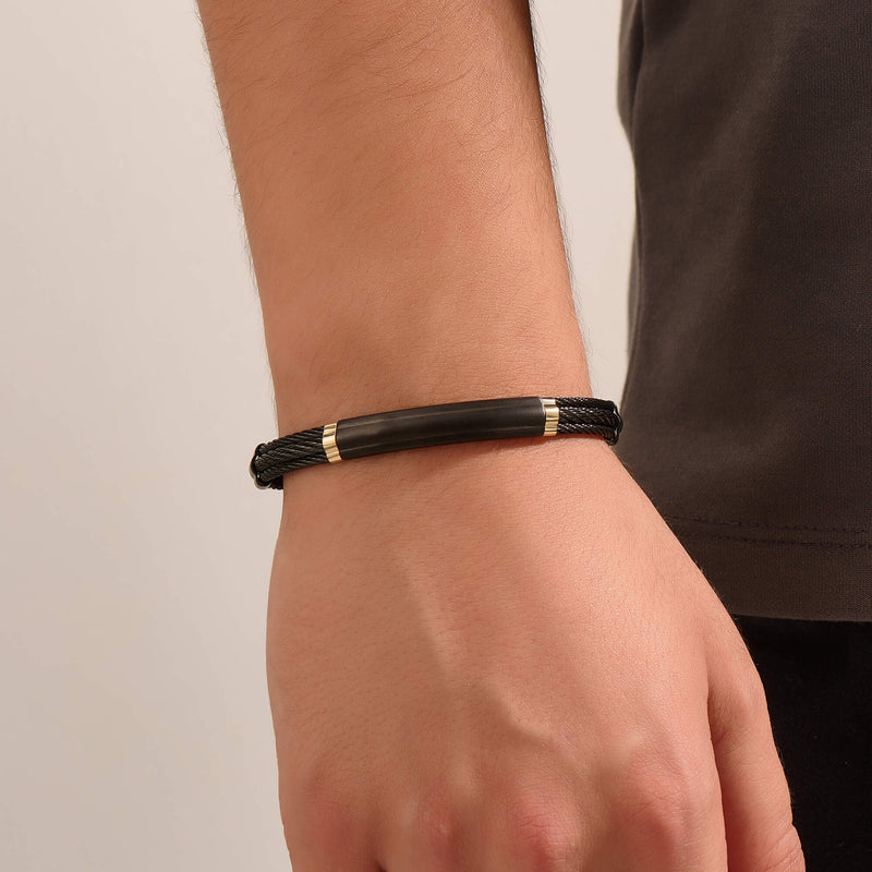 Men's Black Obsidian Stainless Steel Cable Bracelet
