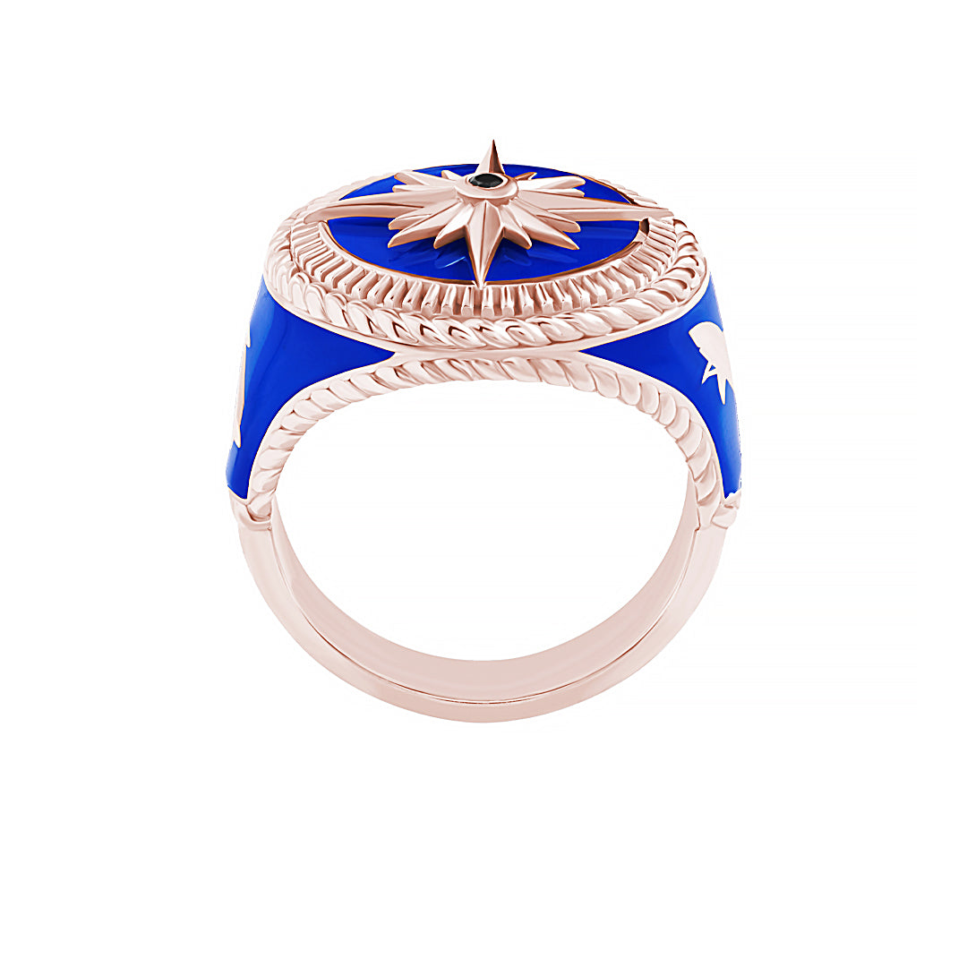 Solid Rose Gold Compass & Shark Nautical Signet Ring - Black Diamond
