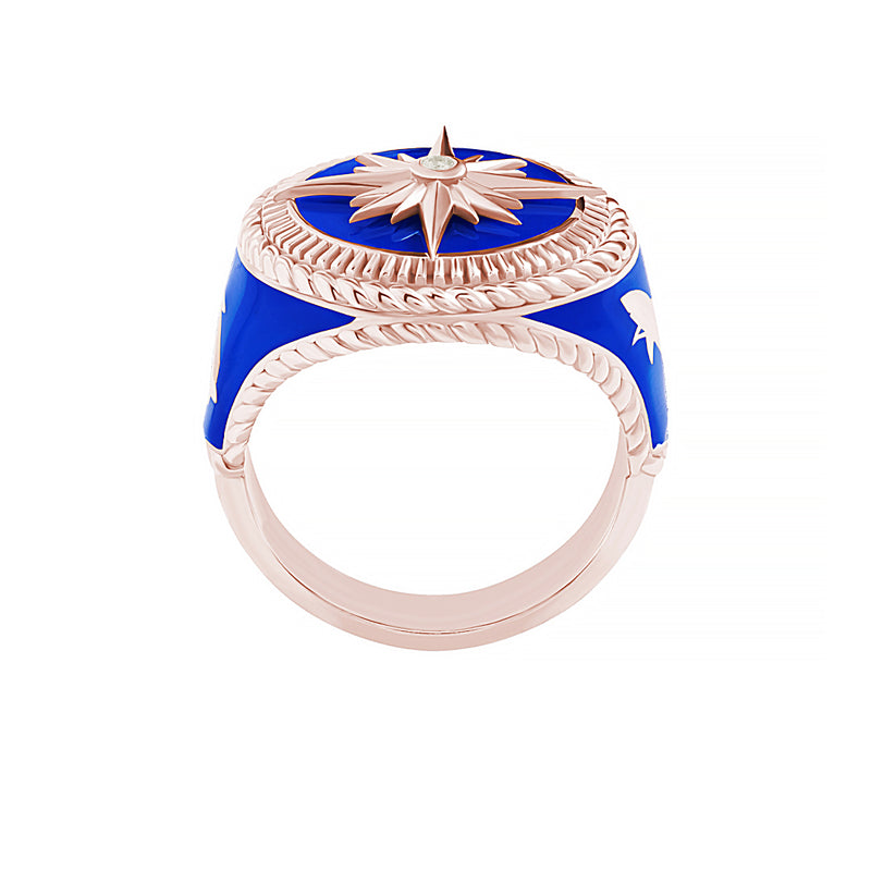 Solid Rose Gold Compass & Shark Nautical Signet Ring - White CZ