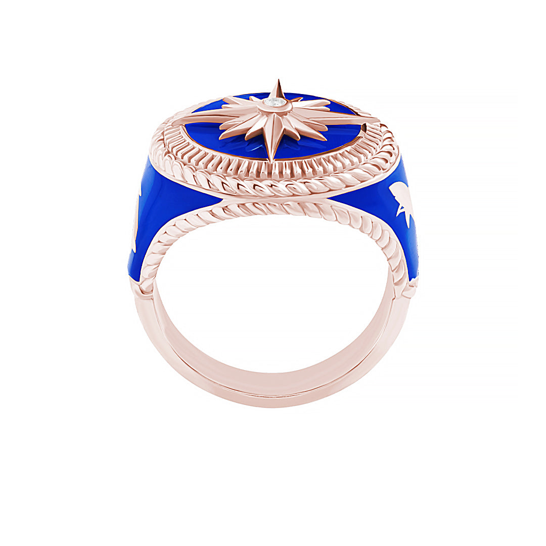 Solid Rose Gold Compass & Shark Nautical Signet Ring - White Diamond