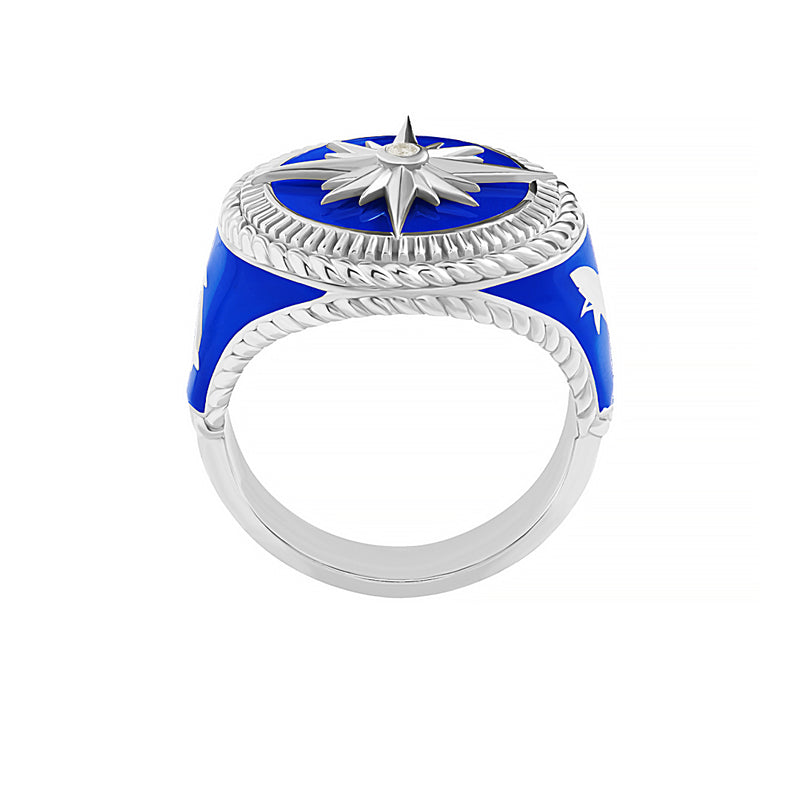925 Solid Silver Compass Signet Ring with Blue Lacquer Finished