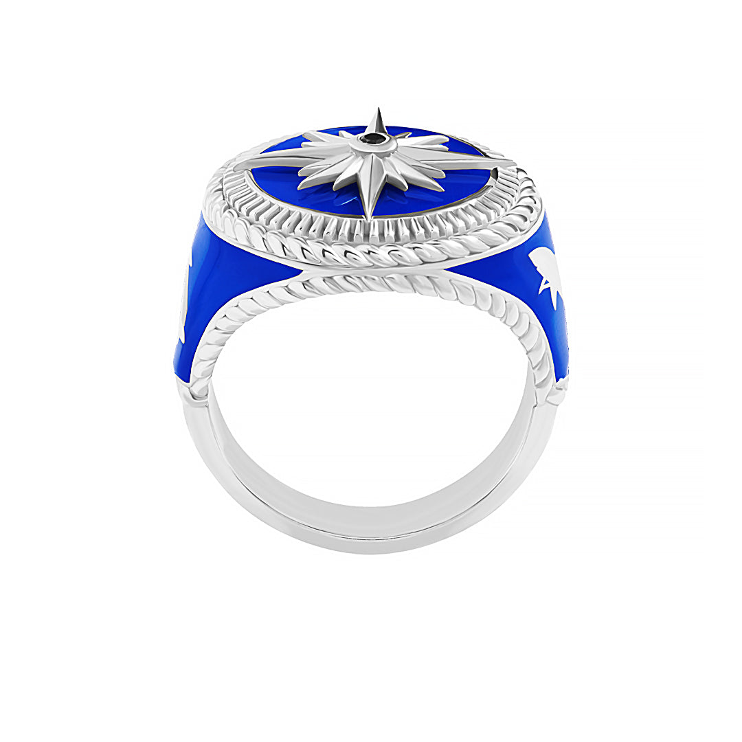 Solid White Gold Compass & Shark Nautical Signet Ring - Black Diamond