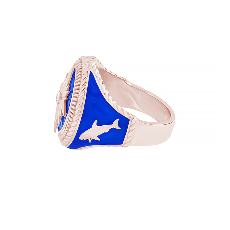Real Rose Gold Blue Compass Ring for Men - White Cubic Zirconia