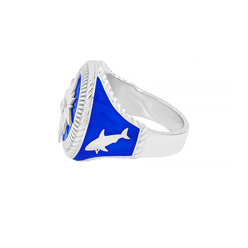 Real White Gold Blue Compass Ring for Men - White Cubic Zirconia