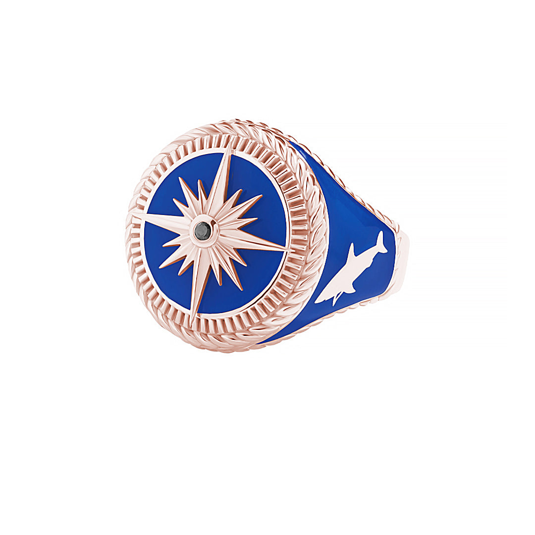 Men's Blue Lacquer Finished Solid Rose Gold Compass Ring - Black Diamond