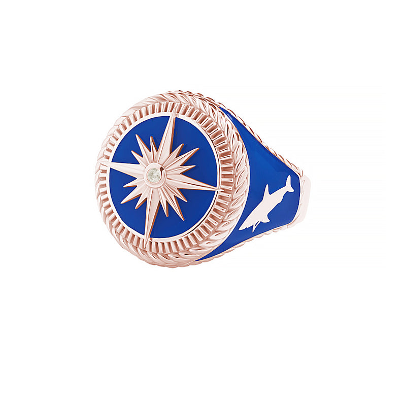 Men's Blue Lacquer Finished Solid Rose Gold Compass Ring - White CZ Diamond