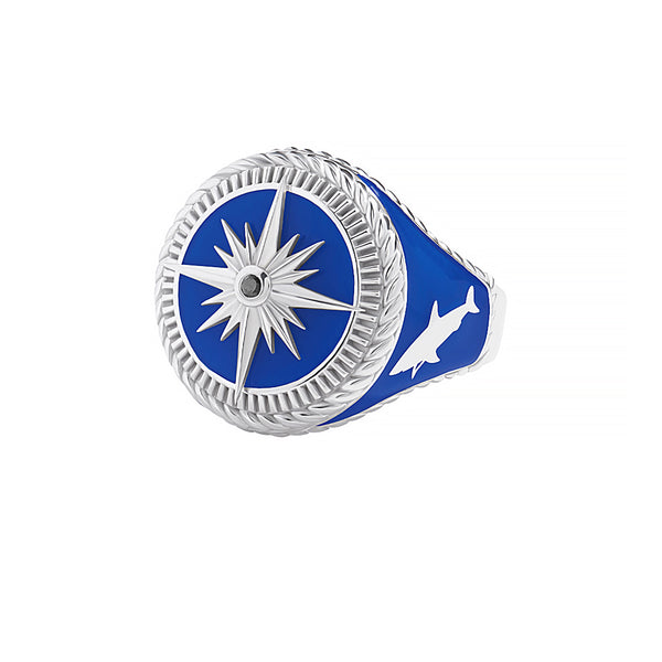925 Sterling Silver Blue Compass Ring for Men - Black Diamond