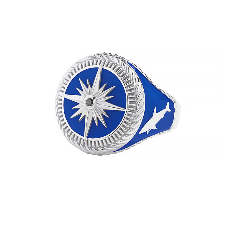 925 Sterling Silver Blue Compass Ring for Men - Black Diamond