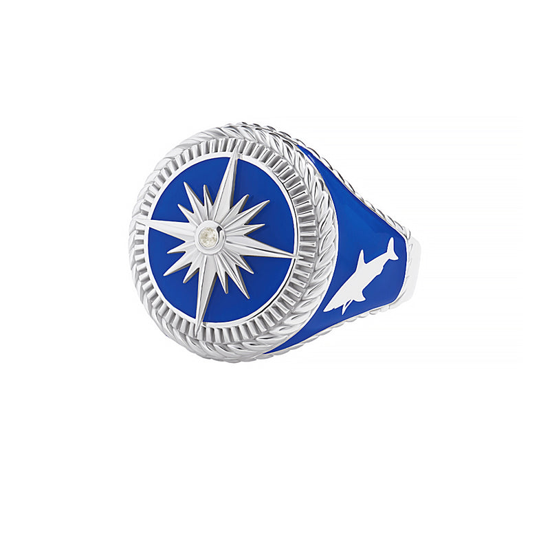 925 Sterling Silver Blue Compass Ring for Men - White CZ