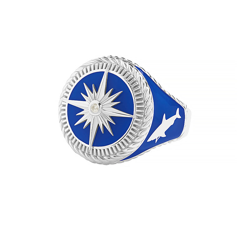 Men's Blue Lacquer Finished Solid White Gold Compass Ring - White CZ Diamond