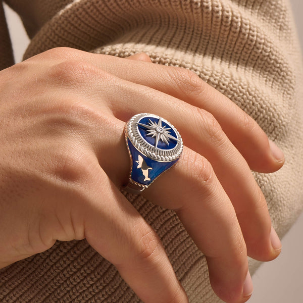 Men's Blue Ocean Compass Signet Ring in Solid Gold
