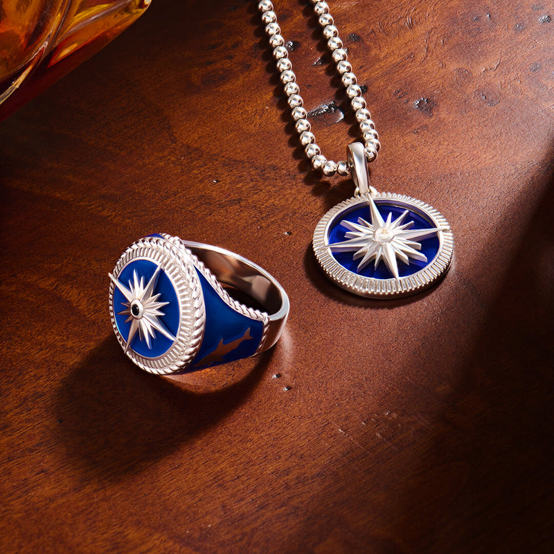 Men's Blue Compass Pendant in Solid Silver