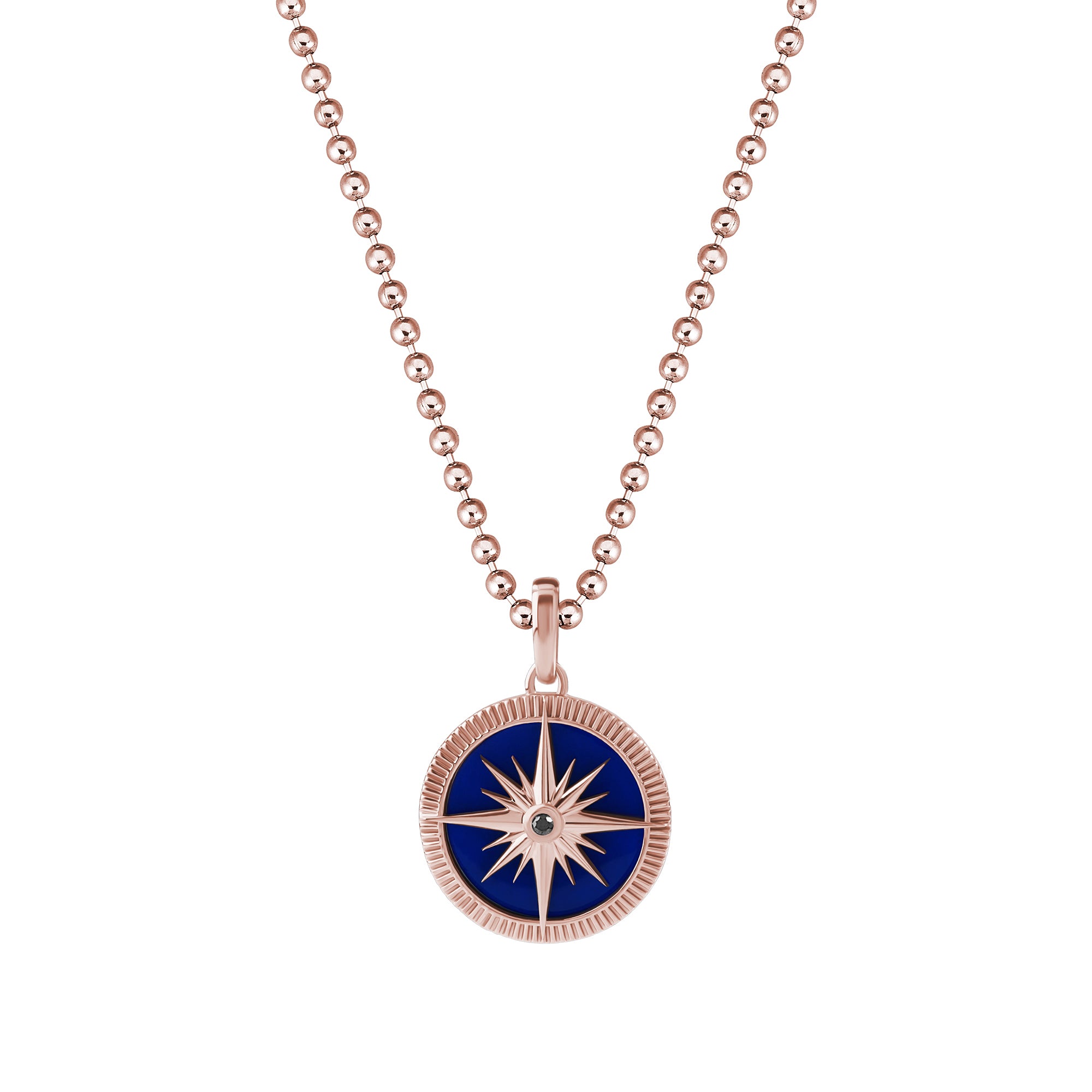 Men's Blue Lacquer Finished Solid Rose Gold Compass Pendant - Black Diamond