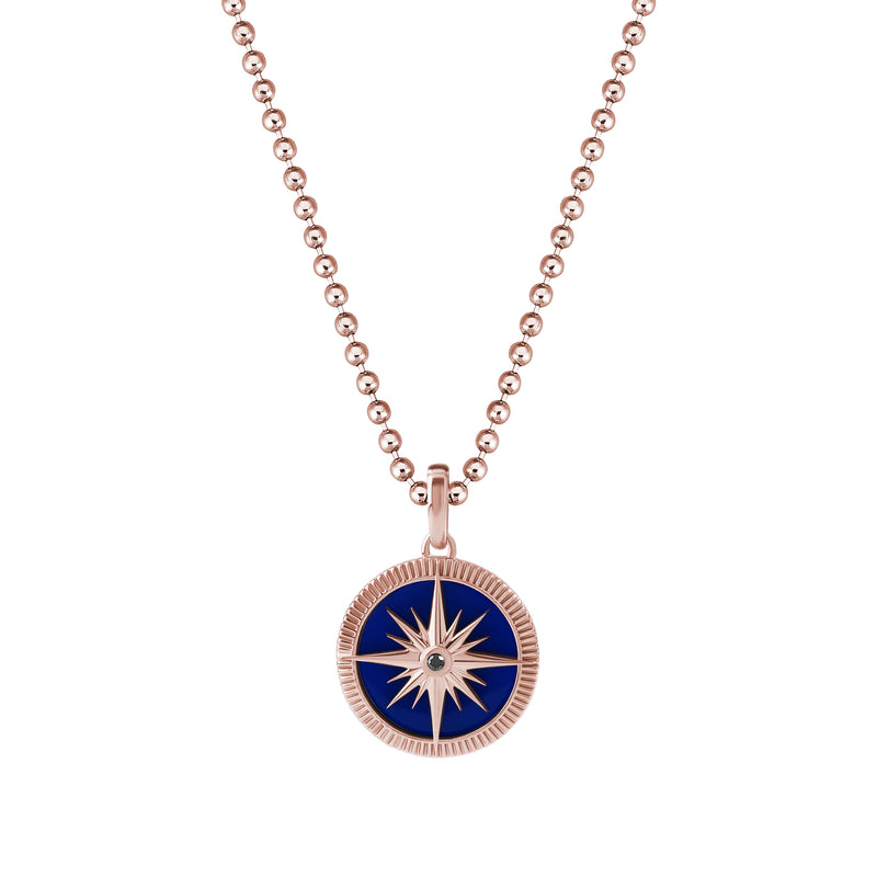 Men's Blue Lacquer Finished Solid Rose Gold Compass Pendant - Black Diamond
