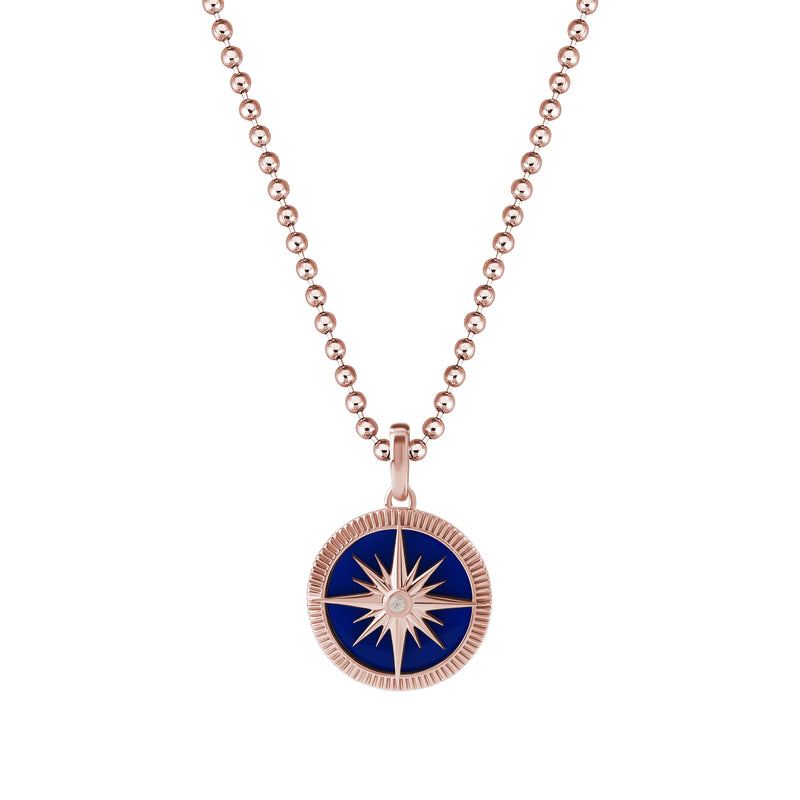 Men's Blue Lacquer Finished Solid Rose Gold Compass Pendant