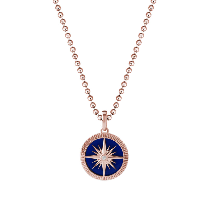 Men's Blue Lacquer Finished Solid Rose Gold Compass Pendant - White Diamond