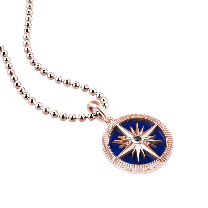 Men's Rose Gold and Blue Compass Necklace with Black Diamond