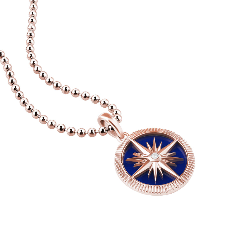 Men's Rose Gold and Blue Compass Necklace with White Diamond