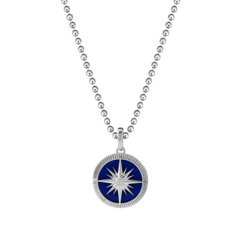 Men's Blue Lacquer Finished Solid White Gold Compass Pendant