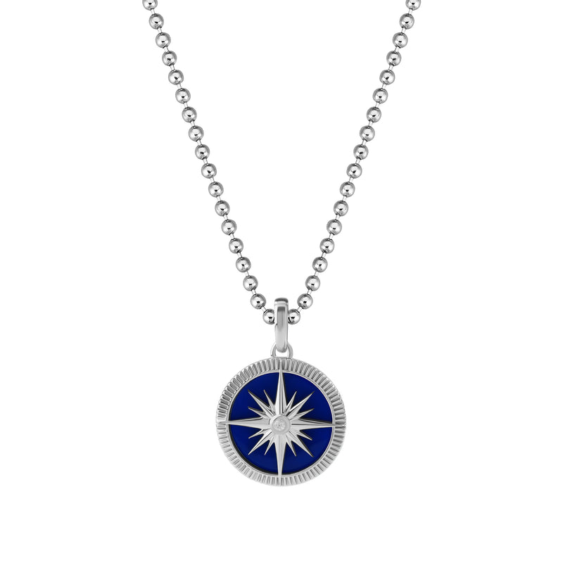 Men's Blue Lacquer Finished Solid White Gold Compass Pendant - White Diamond