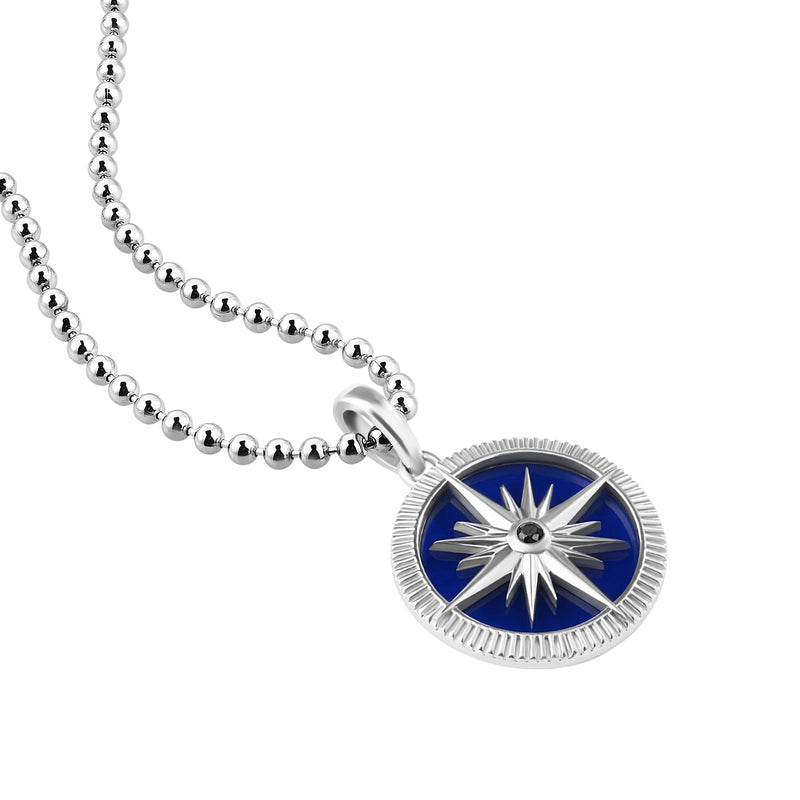 925 Sterling Silver Compass Pendant Necklace Finished with Blue Lacquer - Black Diamond