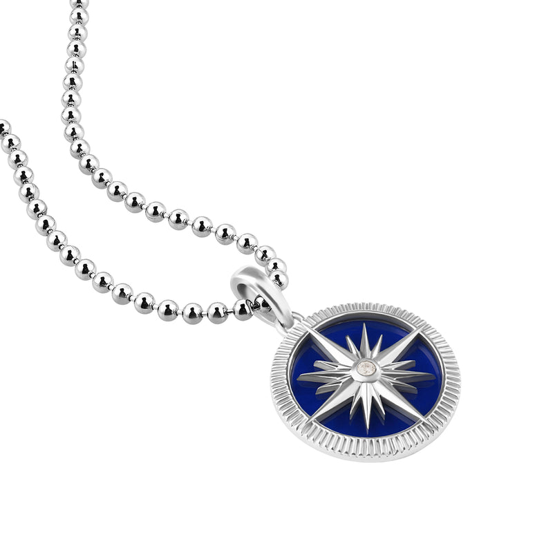 925 Sterling Silver Compass Pendant Necklace Finished with Blue Lacquer