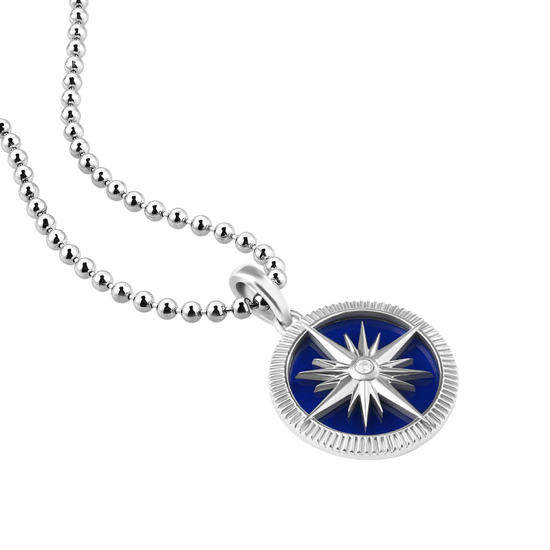 925 Sterling Silver Compass Pendant Necklace Finished with Blue Lacquer - White Diamond