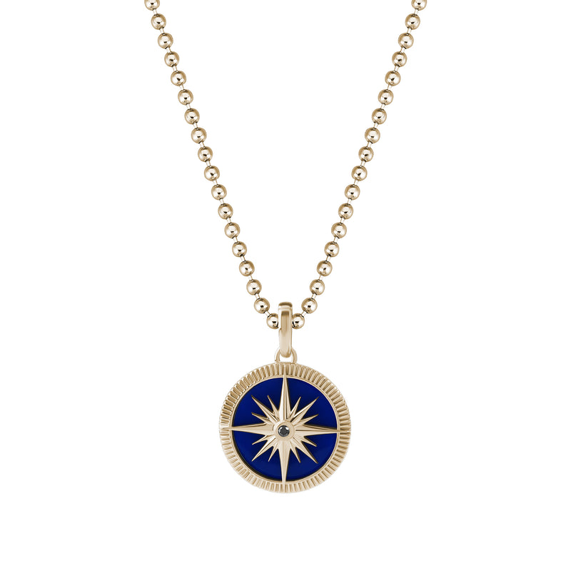 Men's Blue Lacquer Finished Solid Yellow Gold Compass Pendant - Black Diamond