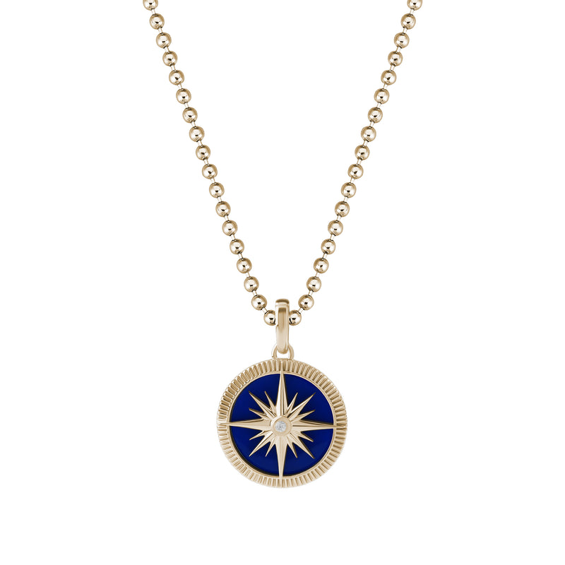 Men's Blue Lacquer Finished Solid Yellow Gold Compass Pendant - White Diamond
