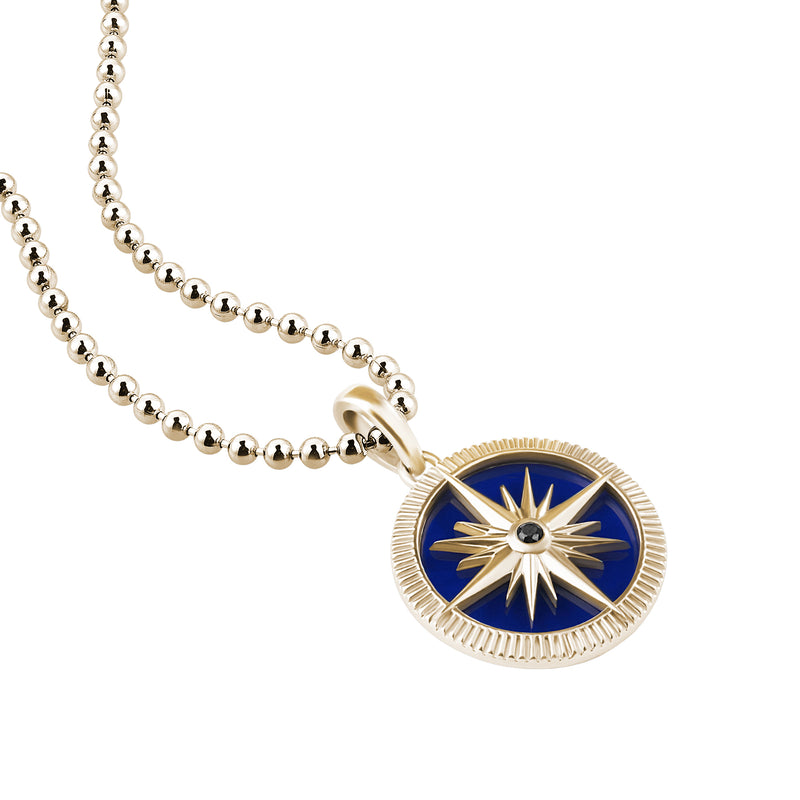 Men's Yellow Gold and Blue Compass Necklace with Black Diamond