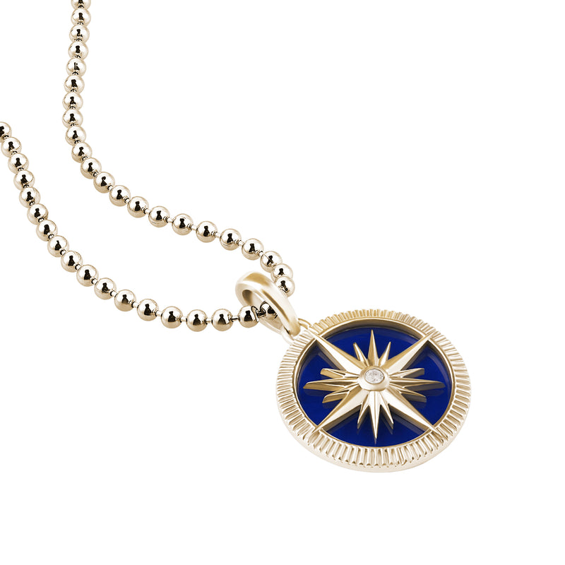 Men's Yellow Gold and Blue Compass Necklace