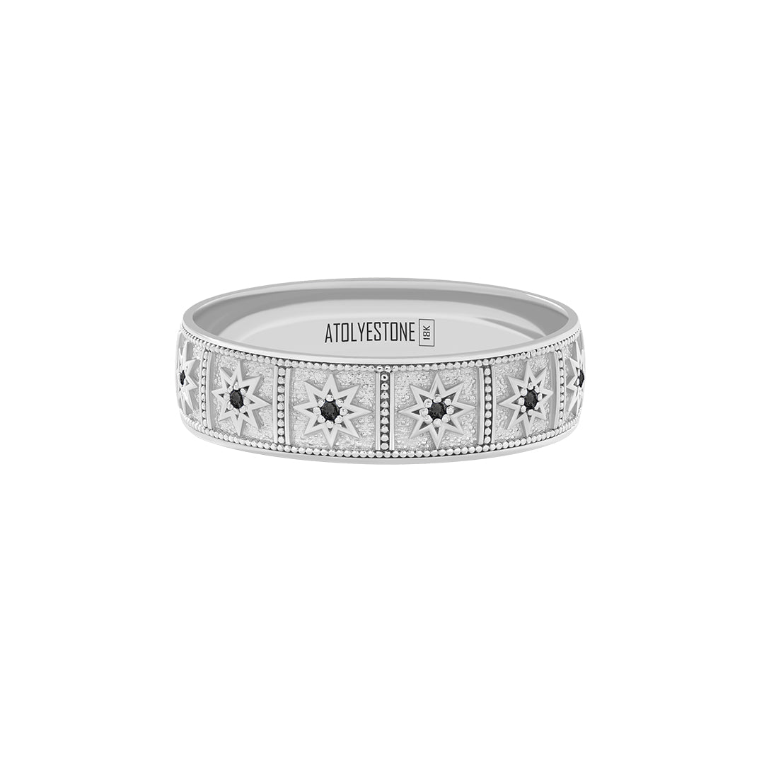 Octagram Star Band Ring in Solid White Gold - Pave Black Diamond