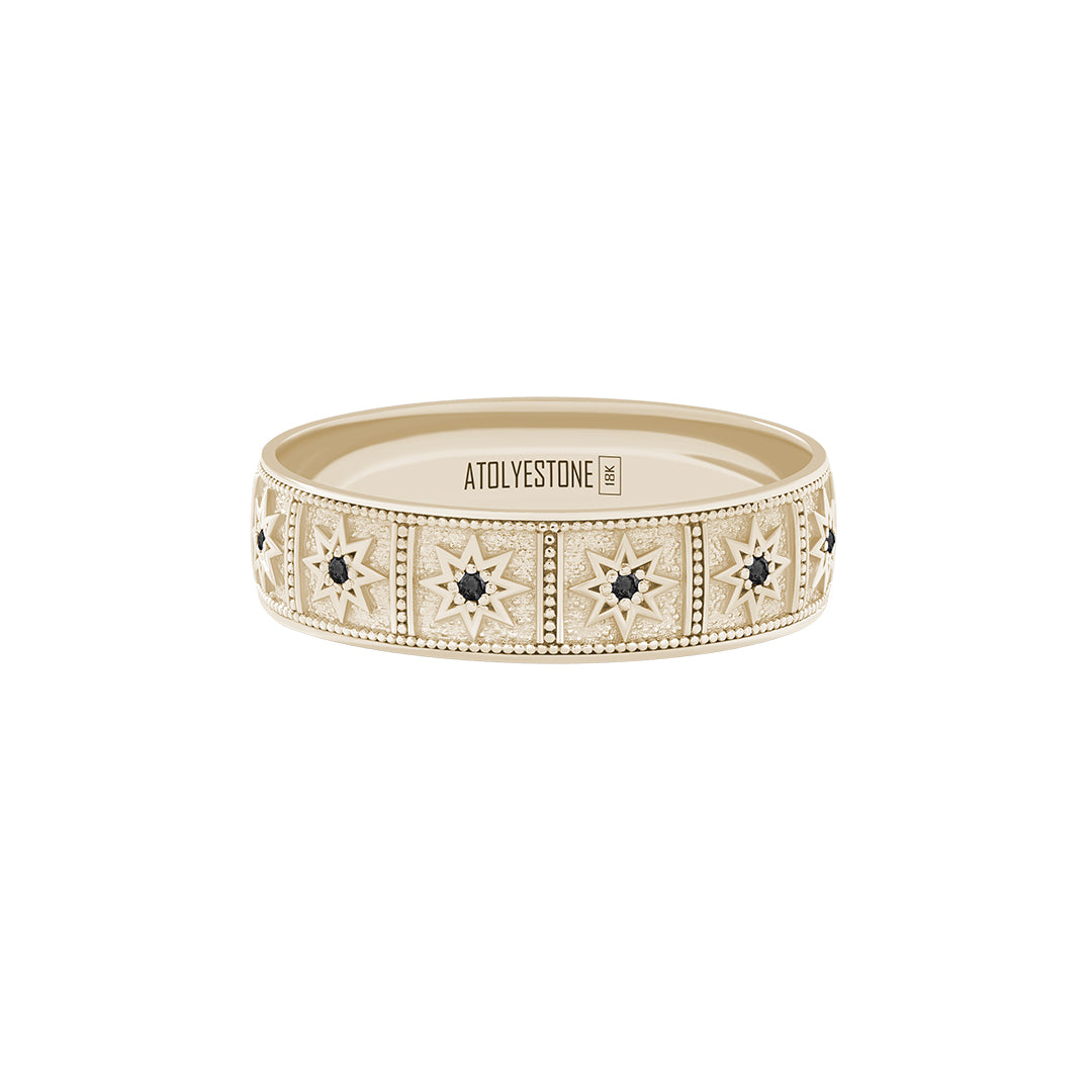 Octagram Star Band Ring in Solid Yellow Gold - Pave Black Diamond