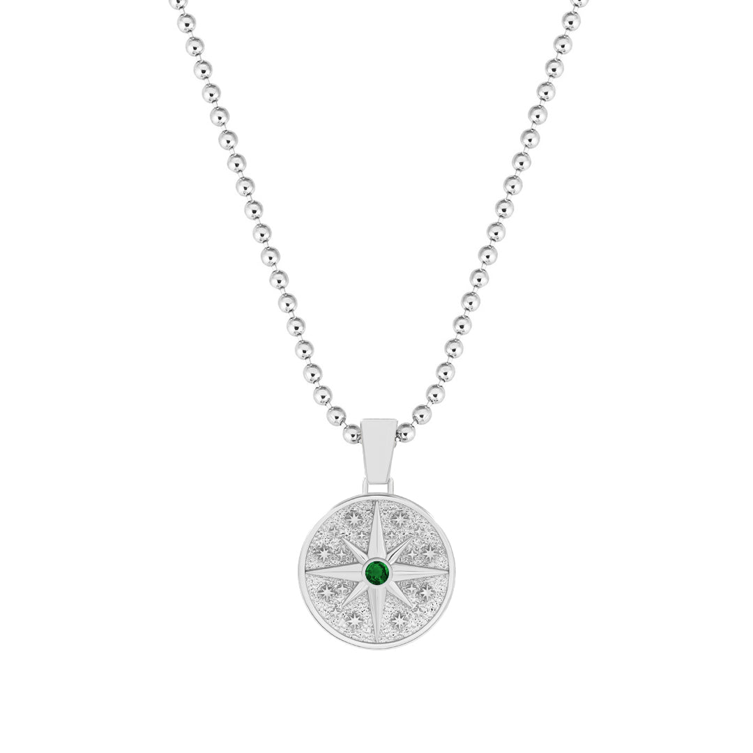 Orbit Compass Pendant in Solid White Gold - Pave Emerald