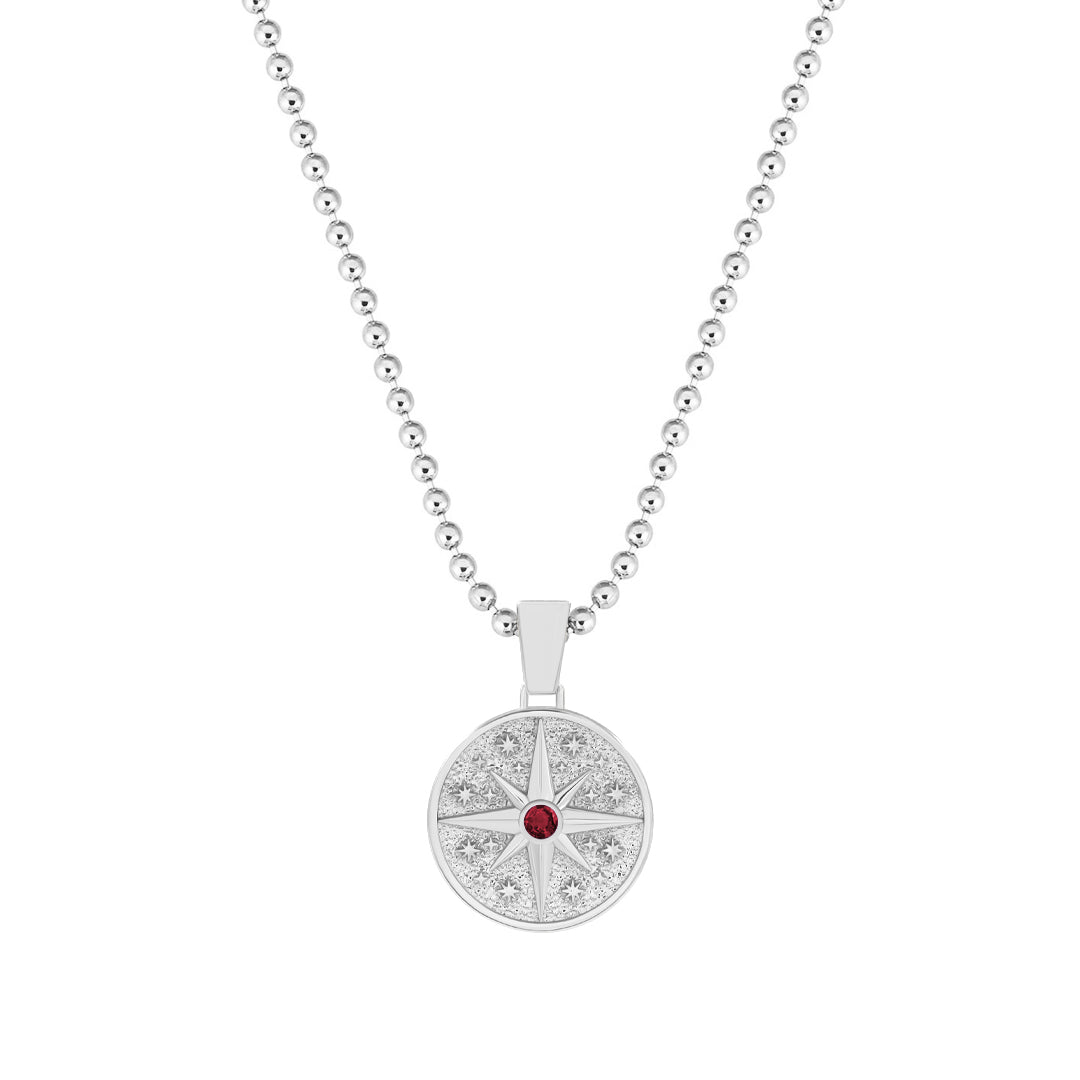Orbit Compass Pendant in Solid White Gold - Pave Ruby