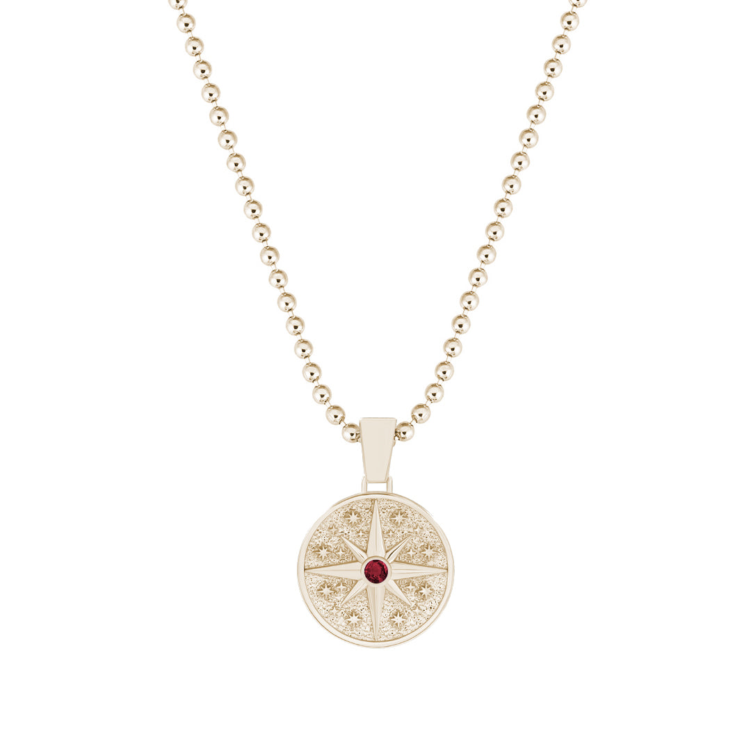 Orbit Compass Pendant in Solid Yellow Gold - Pave Ruby
