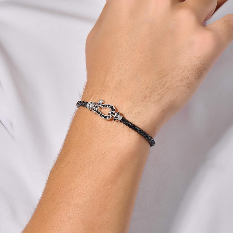 Paved Buckle Design Leather Bracelet in 925 Sterling Silver